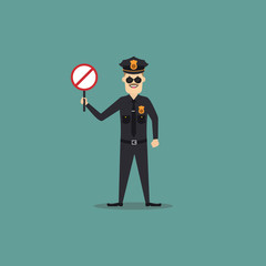A cartoon police man who holding a warning board