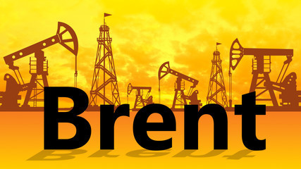 Brent logo on a yellow background. Concept - brent crude oil. Oil rigs and pumps on the horizon. Crude oil production. Situation in the hydrocarbon market. Concept - petroleum producing corporations