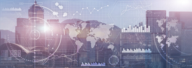 Business intelligence control interface marketing finance management city skyline view website panoramic heade banner.