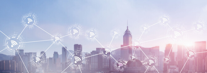 Wifi city communication technology fast internet connection 5g wireless concept. modern city view with icons.