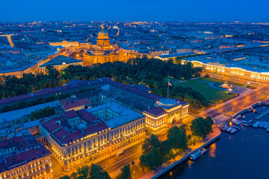 Saint Petersburg. Russia. Panorama of night Petersburg from the height. The city center is illuminated at night. Isaakievsky cathedral. Admiralty. Bronze horseman. Sights Of St. Petersburg.