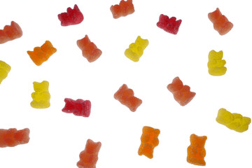 Gummy Bears Jelly Candy. Fruit Bears jelly in sugar Isolated on a white background.Fruit multicolored sweets. Children's sweets.