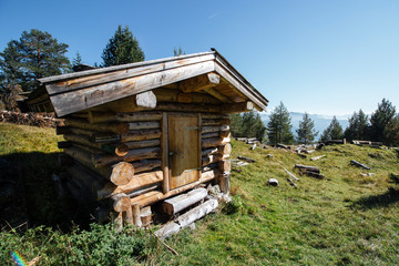 Small wooden hut in the Austrian alps probably used for storage. Tirol, Austria.