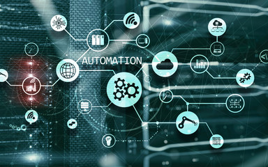 Business process automation concept on blurred network cabinets. New project 2020.