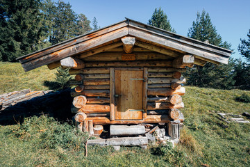 Small wooden hut in the Austrian alps probably used for storage. Tirol, Austria.