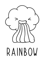Coloring pages, black and white cute kawaii hand drawn rainbow doodles, lettering rainbow, print