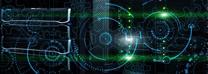 Illustration blue gears on server background.