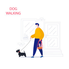 Man in white medical protective mask with a grocery bag walking with their dog. Quarantine measures. Social distancing. Coronavirus Covid-19. Vector illustration