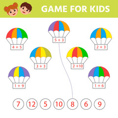 Math Game for children task for the development of logical thinking. Solve examples. Education developing worksheet. Vector illustration