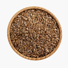 Wooden bowl with flax seeds isolated on a white background.