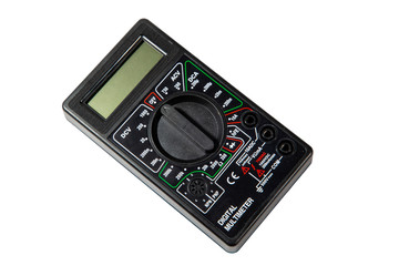 A device for measuring voltage, current, resistance. Multimeter on a white background.