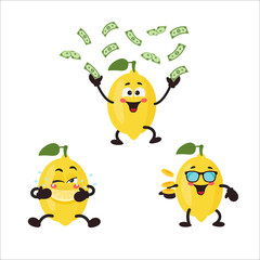 Cute Lemon with money.  Icon Set. Vector illustration cartoon fruit character set on white background