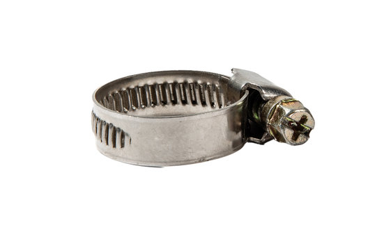 threaded metal clamp for hose connections on a white background