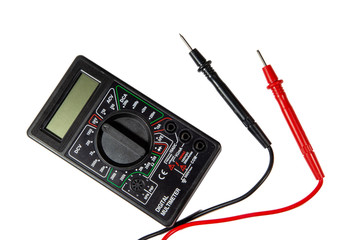 A device for measuring voltage, current, resistance. Multimeter on a white background.