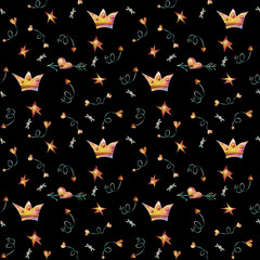 Seamless pattern with children 's theme, arrows, hearts, crowns, asterisks on a black background. digital drawing