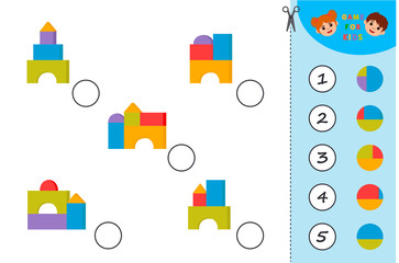 Game for Preschool Children. Find a match. Match parts of childish toy  tower. Activity page for kids. Children funny riddle entertainment