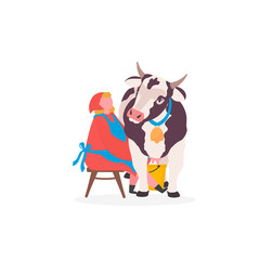 Young Milkmaid Woman Character in Uniform Sitting on Chair and Milking Cow in to Bucket. Animal tending. Milk and Dairy Farmer Agriculture Products. Vector Illustration