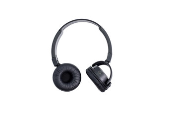 Black wireless headphones on white background with clipping path