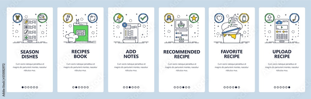 Sticker recipe book website and mobile app onboarding screens vector template