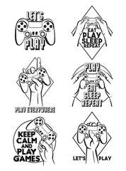 Set of logos for the gamer. Vector illustration of a joystick for video games and hands with inscriptions. Print for a lover of computer games. Black and white game console. Gamepad for youth