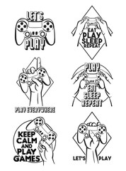 Set of logos for the gamer. Vector illustration of a joystick for video games and hands with inscriptions. Print for a lover of computer games. Black and white game console. Gamepad for youth