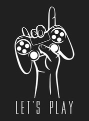 Gamer logo. Vector illustration of a gamepad for video games and hand with an inscription Let's Play. Print for a lover of computer games. Image of the joystick on the black background © Anton