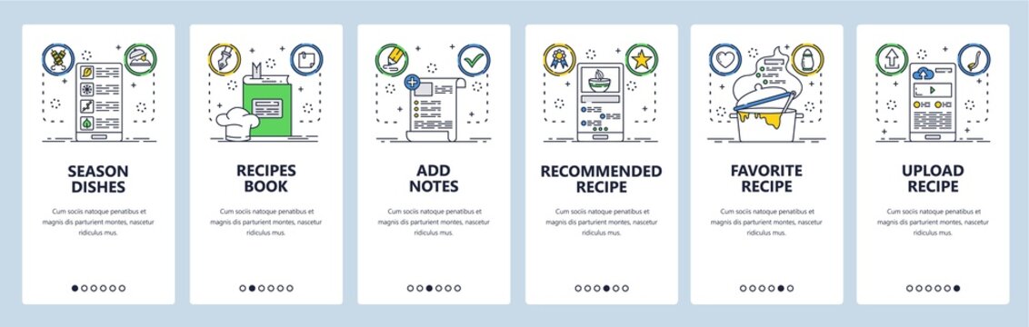 Recipe book website and mobile app onboarding screens vector template