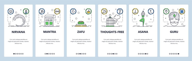 Buddhist website and mobile app onboarding screens vector template