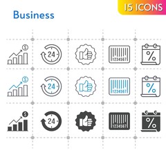 business icon set. included calendar, profits, 24-hours, like, barcode icons on white background. linear, bicolor, filled styles.