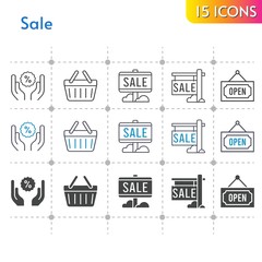 sale icon set. included sale, discount, shopping-basket, shopping basket, open icons on white background. linear, bicolor, filled styles.