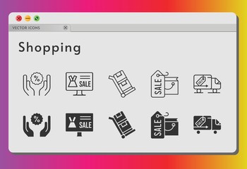 shopping icon set. included online shop, shopping bag, discount, delivery truck, trolley icons on white background. linear, filled styles.