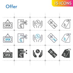 offer icon set. included voucher, price tag, discount, open icons on white background. linear, bicolor, filled styles.