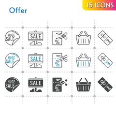 offer icon set. included sale, voucher, discount, shopping-basket, shopping basket icons on white background. linear, bicolor, filled styles.