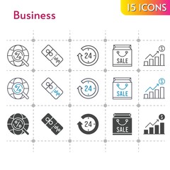 business icon set. included shopping bag, profits, 24-hours, discount, internet icons on white background. linear, bicolor, filled styles.