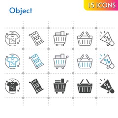 object icon set. included megaphone, shirt, shopping cart, shopping-basket, shopping basket, trolley icons on white background. linear, bicolor, filled styles.