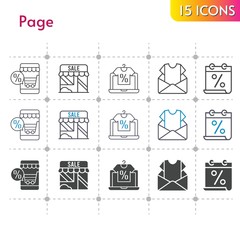 page icon set. included calendar, online shop, newsletter, shop icons on white background. linear, bicolor, filled styles.