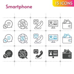 smartphone icon set. included online shop, wallet, chat, phone call, internet icons on white background. linear, bicolor, filled styles.