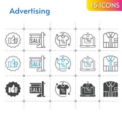 advertising icon set. included online shop, sale, shirt, like icons on white background. linear, bicolor, filled styles.