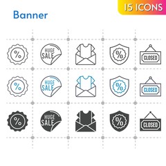 banner icon set. included newsletter, sale, discount, warranty, closed icons on white background. linear, bicolor, filled styles.