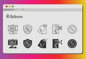 ribbon icon set. included sale, voucher, price tag, warranty, discount icons on white background. linear, filled styles.