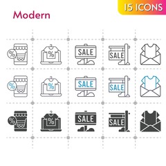 modern icon set. included online shop, newsletter, sale icons on white background. linear, bicolor, filled styles.