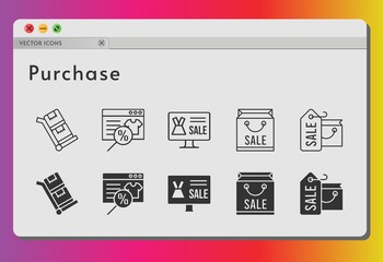 purchase icon set. included online shop, shopping bag, trolley icons on white background. linear, filled styles.