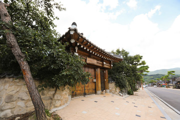 Korean traditional house and puppy. Sun chang, Jeonbuk, Korea