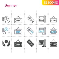 banner icon set. included sale, discount, closed, open icons on white background. linear, bicolor, filled styles.
