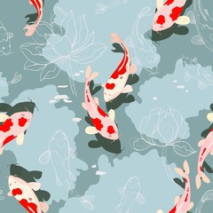 Red koi carps in green water, among graphic lotuses on a beige background. Vector seamless pattern with flowers and fish. Repeating square design for fabric and wallpaper