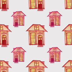 Seamless pattern with red and orange hand-drawn colored pencils house with window isolated on gray background art creative children textile or wrapping