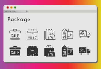 package icon set. included gift, shopping bag, package, delivery truck icons on white background. linear, filled styles.