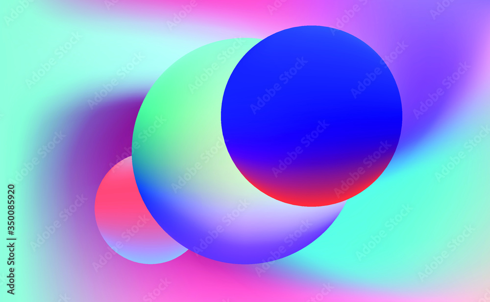 Poster colorful gradient spheres on iridescent holographic background . surreal vivid blurred backdrop and 
