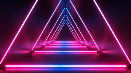 Fototapeta premium neon light shapes on black background,rainbow colors, empty space, 80's retro style, fashion show stage, abstract background, 3d rendering,conceptual image