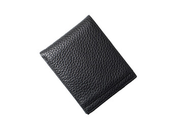 New black genuine leather wallet , isolated on white background. Top view